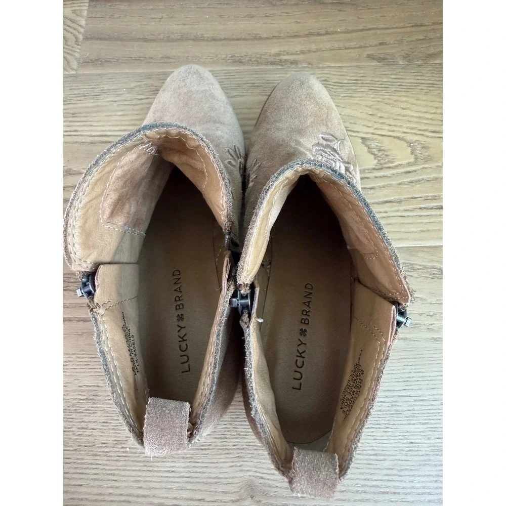 Lucky Brand Ankle Boots Women Tan Suede Leather Floral Embroidered Boho 8.5M